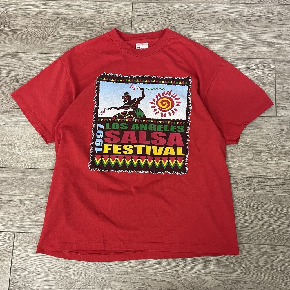 Vintage 1997 Salsa Festival Mens Large Red Graphic Tee Hanes Cropped Fit